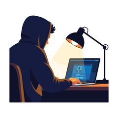 High-Quality Flat Vector Illustration: Hooded Hacker Working on Laptop at Night