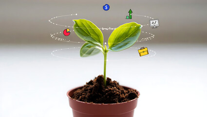 Young Green Plant Growing in Pot with Business Icons Floating Around seedling sprout isolated on a transparent background