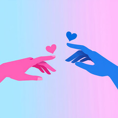 Two hands reaching out, one pink and one blue, with heart shapes between them pink hand isolated on a transparent background
