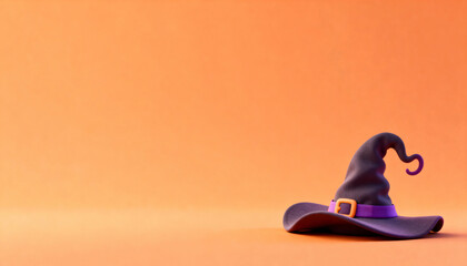 Minimal kawaii Halloween illustration featuring a black witch hat with a purple band and orange buckle. Set against a solid bright orange background.