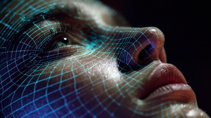 Human Face with Blue Digital Grid Overlay