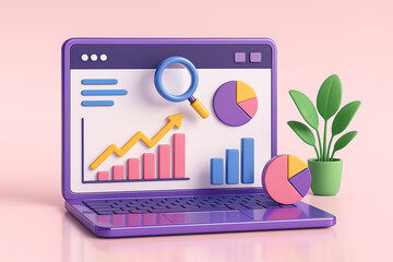 3d rendering of a purple laptop with a pink screen showing analytics charts, a pie chart, magnifying glass and a plant
