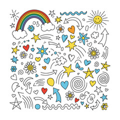 High-Quality Flat Vector Rainbow, Stars, Hearts, Arrows: Cheerful Doodle Set
