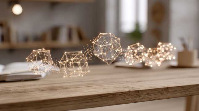 Illuminated Geometric Shapes on Wooden Desk