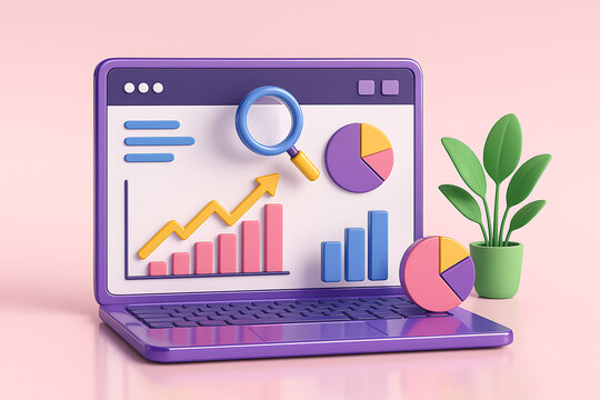 3d rendering of a purple laptop with a pink screen showing analytics charts, a pie chart, magnifying glass and a plant