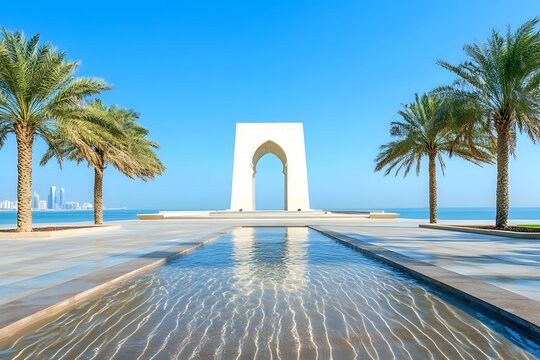 AI image The Gateway Arch and Palm Trees in Doha Qatar with a Blue Sky background and Tranquil