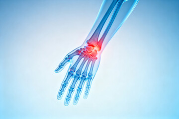 X-ray style image of a human hand and wrist with highlighted joint pain area
