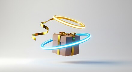 Brown gift box with golden ribbon surrounded by glowing neon blue and gold floating rings on a grey background