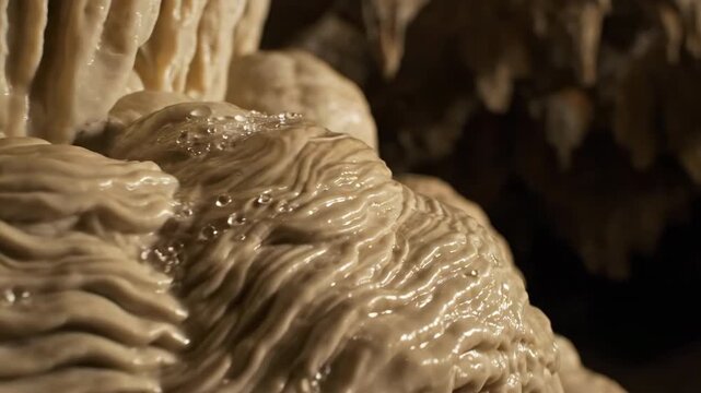 A detailed close-up of intricate flowstone formations, glistening from residual moisture within a damp cave detailed close-up, earth, light play