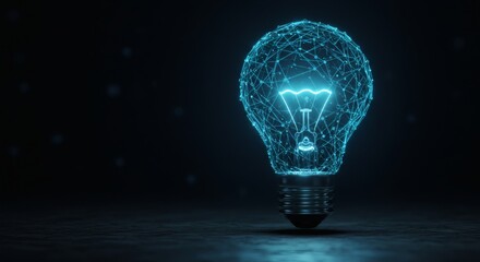 Digital light bulb glowing with a network of blue lines and dots, symbolizing innovation, ideas, and technology on a dark background.