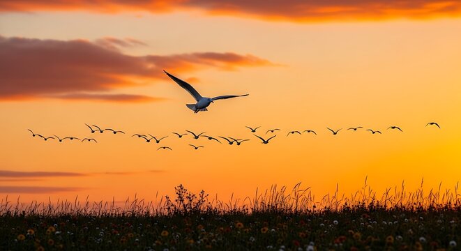 A flock of birds flying in formation across a vibrant orange and yellow sunset sky, with a single bird leading the group