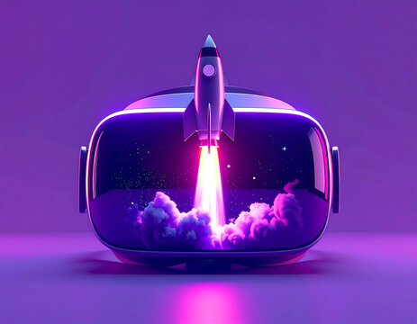 Rocket launch from VR headset creating a portal in a virtual reality with a purple tone