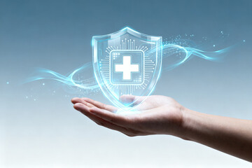 Hand holding a glowing digital shield with medical cross symbol, representing healthcare protection and technology