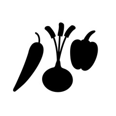 Minimalist black silhouettes of chili pepper, beet and bell pepper on white background