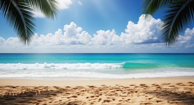 Beautiful tropical beach scene with palm trees and turquoise ocean waves on a sunny day