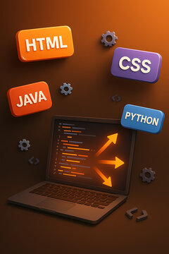 A dynamic scene with a laptop displaying code and bright orange arrows, surrounded by floating 3D programming language blocks like html, java, css, and python, symbolizing software