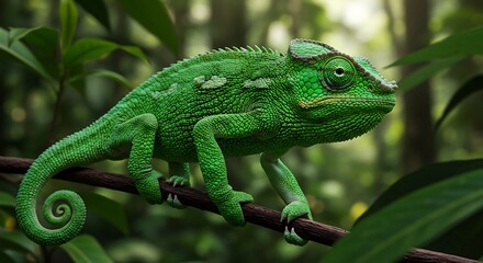 Green chameleon perched on a branch against a blurred forest backdrop