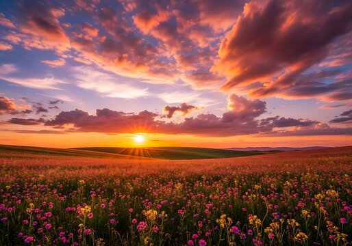 Vibrant sunset casting warm hues across a wildflower meadow with rolling hills and dramatic clouds - Powered by Adobe