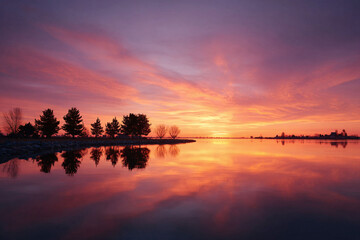 Obraz premium Serene landscape featuring a vivid sunset reflecting on calm water. Trees line the shore, silhouetted against the colorful sky. Perfect for conveying peace, nature, or reflection.