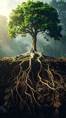 Lush tree's roots in earth