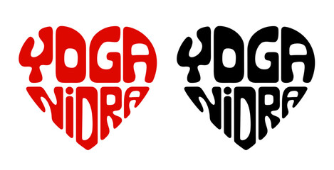 Heart-shaped sticker set featuring "YOGA NIDRA" in colorful and black design. Guided meditation for "yogic sleep," while lying down in the Savasana pose