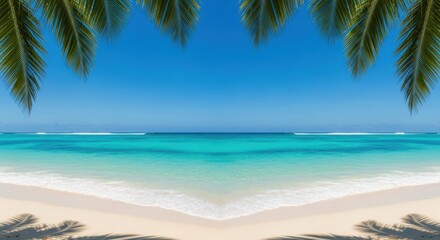Tranquil tropical beach paradise with palm leaves and turquoise ocean waters