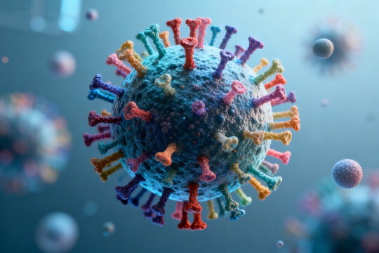 3D rendering of a virus particle with colorful spike proteins against a blue background