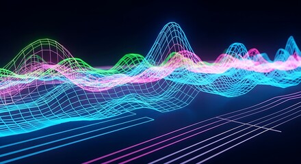 Abstract glowing equalizer background design with vibrant wireframe waves