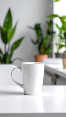 White mug on a white table with plants in the background