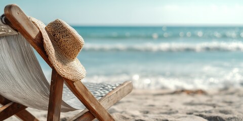 Straw hat rests on a beach chair with the sea in the background offering a serene coastal view, concept for summer vacation, tropical getaway and relaxation