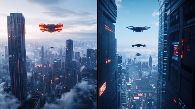Futuristic cityscape with hovering drones over urban skyline in hightech environment at dawn and dusk - Powered by Adobe