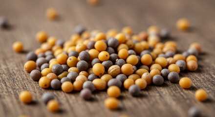 Mustard seeds spilled, macro detail
