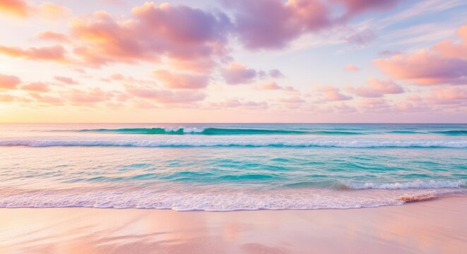 Serene beach scene with pastel sunset clouds and gentle waves calming ocean view - Powered by Adobe