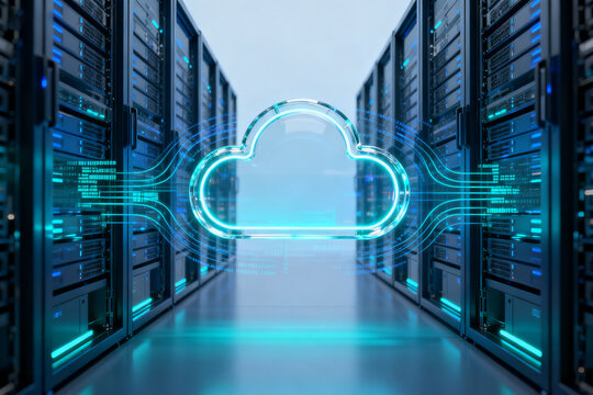 Server room with glowing cloud network symbol representing cloud computing technology