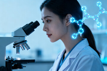 Female scientist examining specimen under microscope with digital molecular structure overlay