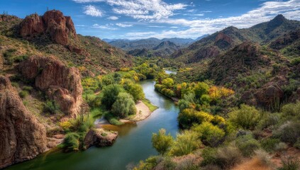 A scenic vista of a winding river flowing through a desert canyon, framed by colorful foliage and towering rock formations.