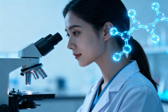 Female scientist examining specimen under microscope with digital molecular structure overlay
