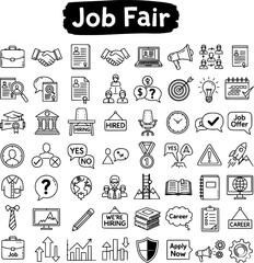 Job Fair and Career Development Black Line Icons Set. Collection of Outline Symbols for Employment, Hiring, Business, Recruitment, and Professional Growth.