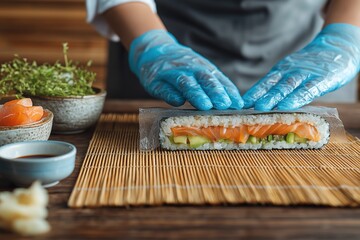 Close-up of hands preparing sushi roll with fish and avocado on a bamboo mat, home kitchen cooking course scene with fresh ingredients on white table.