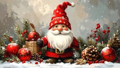 A whimsical, cartoon-like gnome in a red outfit and hat, surrounded by festive decorations. Snow falls softly, creating a joyful, holiday scene