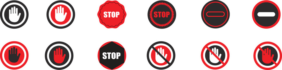 Stop palm hand icon in crossed out red circle .Warning and Stop Symbol Pack – Circle and Hand Gesture Icons