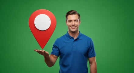 Man holding a red map pin on his hand. Location marker symbol for navigation and travel map. Digital object on green screen background.