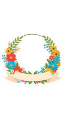 A beautiful wreath adorned with vibrant flowers and a charming ribbon banner.