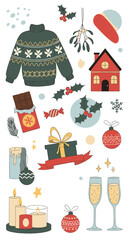 Fototapeta premium A collection of festive holiday decorations and gifts including a sweater and candles.