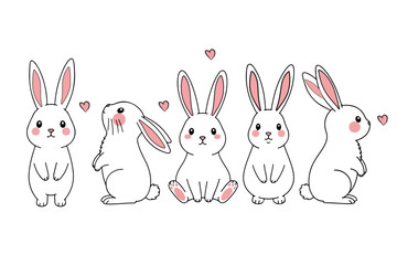 Cute bunny rabbit outline sketch in minimal line art style, vector doodles drawings different poses illustration. 