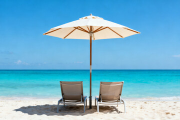 Two beach chairs under a white umbrella on a sandy shore with turquoise water and clear blue sky