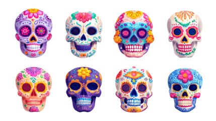 set of day of the dead decorated skulls, cartoon style, isolated on transparent background. Design element for greeting card, poster, website. Colorful skulls, mexican tradition.