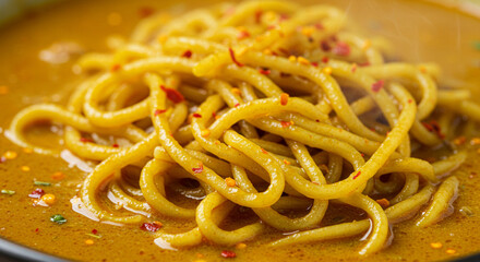 Curry noodles with spices, macro close-up