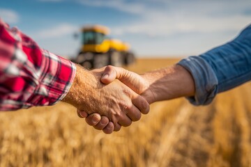 Close-up of two farmers shaking hands in golden wheat field with blurred tractor background. Concept for agricultural partnership, business agreement and sustainable farming practice