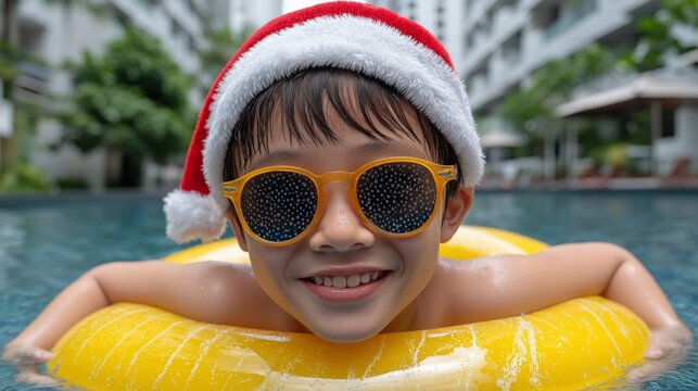 Joyful holidays, sun-kissed and serene, a young boy beams with delight while floating in a pool wearing a Santa hat and cool sunglasses.
